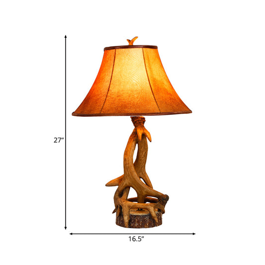 1 Light Barrel Desk Lamp Traditional Wood Fabric Task Lighting for Bedroom with Antler Accents Clearhalo 'Lamps' 'Table Lamps' Lighting' 229144