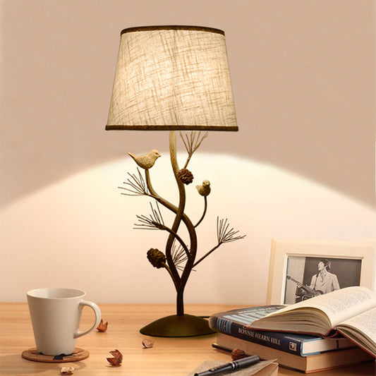 Drum Bedroom Night Table Lamp Country Style Fabric 1 Light Beige Desk Light with Tree and Bird Beige Clearhalo 'Lamps' 'Table Lamps' Lighting' 229160