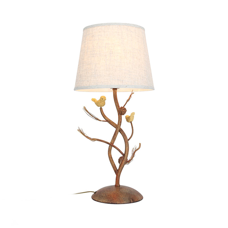 Drum Bedroom Night Table Lamp Country Style Fabric 1 Light Beige Desk Light with Tree and Bird Clearhalo 'Lamps' 'Table Lamps' Lighting' 229162