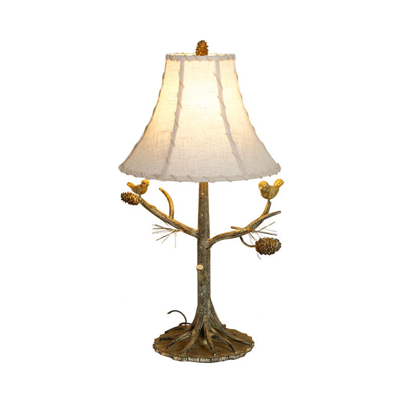 Tower Shade Fabric Table Lamp Rustic 1 Light Bedroom Reading Light in Beige with Birds Clearhalo 'Lamps' 'Table Lamps' Lighting' 229166