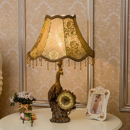 Rustic Bell Standing Desk Lamp 1 Light Printing Fabric Table Light in Tan with Peacock and Clock Tan Clearhalo 'Lamps' 'Table Lamps' Lighting' 229181