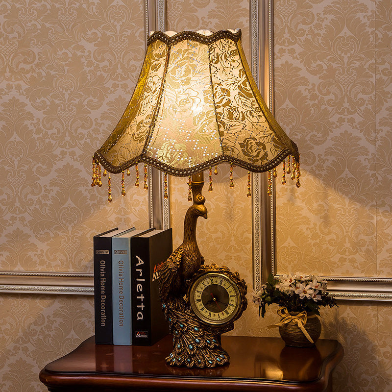 Rustic Bell Standing Desk Lamp 1 Light Printing Fabric Table Light in Tan with Peacock and Clock Clearhalo 'Lamps' 'Table Lamps' Lighting' 229182