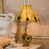 Classic Scalloped Table Light 1 Light Fabric Task Lighting in Brown/Gold for Bedroom with Peacock and Clock Gold Clearhalo 'Lamps' 'Table Lamps' Lighting' 229188