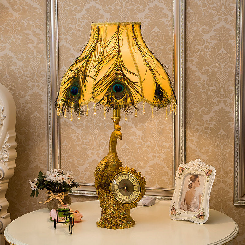 Classic Scalloped Table Light 1 Light Fabric Task Lighting in Brown/Gold for Bedroom with Peacock and Clock Clearhalo 'Lamps' 'Table Lamps' Lighting' 229189