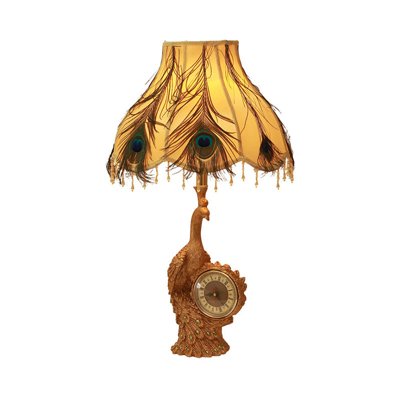 Classic Scalloped Table Light 1 Light Fabric Task Lighting in Brown/Gold for Bedroom with Peacock and Clock Clearhalo 'Lamps' 'Table Lamps' Lighting' 229190