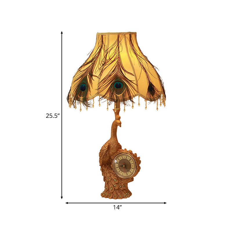 Classic Scalloped Table Light 1 Light Fabric Task Lighting in Brown/Gold for Bedroom with Peacock and Clock Clearhalo 'Lamps' 'Table Lamps' Lighting' 229191