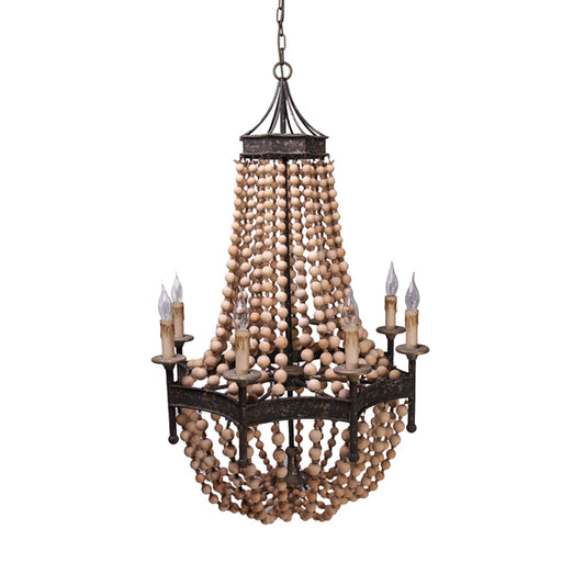8 Heads Candle Ceiling Chandelier Traditional Wood Suspended Lighting Fixture in Beige Clearhalo 'Ceiling Lights' 'Chandeliers' Lighting' options 229231