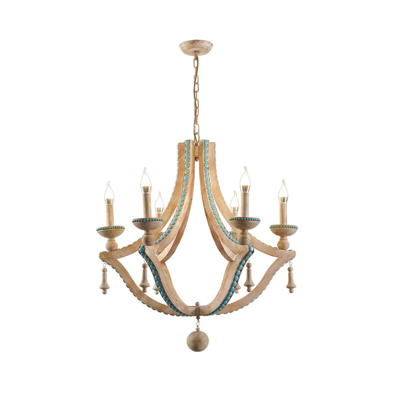 Beige Candle Ceiling Chandelier Traditional Wood 6 Heads Hanging Light Fixture with Green Pine Stone Clearhalo 'Ceiling Lights' 'Chandeliers' Lighting' options 229281