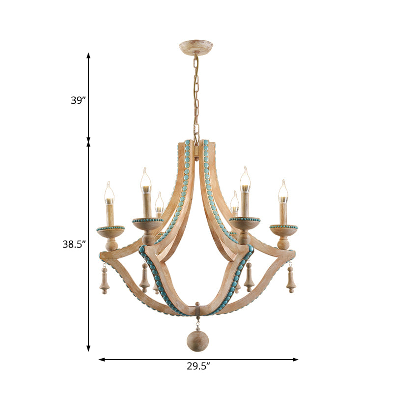 Beige Candle Ceiling Chandelier Traditional Wood 6 Heads Hanging Light Fixture with Green Pine Stone Clearhalo 'Ceiling Lights' 'Chandeliers' Lighting' options 229282