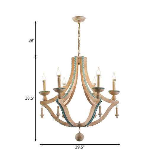 Beige Candle Ceiling Chandelier Traditional Wood 6 Heads Hanging Light Fixture with Green Pine Stone Clearhalo 'Ceiling Lights' 'Chandeliers' Lighting' options 229282