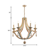 Beige Candle Ceiling Chandelier Traditional Wood 6 Heads Hanging Light Fixture with Green Pine Stone Clearhalo 'Ceiling Lights' 'Chandeliers' Lighting' options 229282