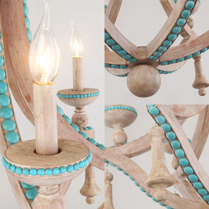 Beige Candle Ceiling Chandelier Traditional Wood 6 Heads Hanging Light Fixture with Green Pine Stone Clearhalo 'Ceiling Lights' 'Chandeliers' Lighting' options 229283