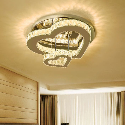 Heart-Shape Bedroom Ceiling Lighting Crystal Block LED Minimalist Semi Flush Mount in Chrome, Warm/White Light Stainless-Steel Warm Clearhalo 'Ceiling Lights' 'Close To Ceiling Lights' 'Close to ceiling' 'Flush mount' Lighting' 2293488