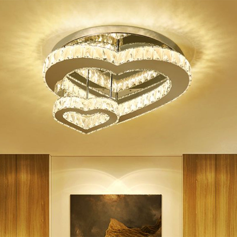 Heart-Shape Bedroom Ceiling Lighting Crystal Block LED Minimalist Semi Flush Mount in Chrome, Warm/White Light Clearhalo 'Ceiling Lights' 'Close To Ceiling Lights' 'Close to ceiling' 'Flush mount' Lighting' 2293489