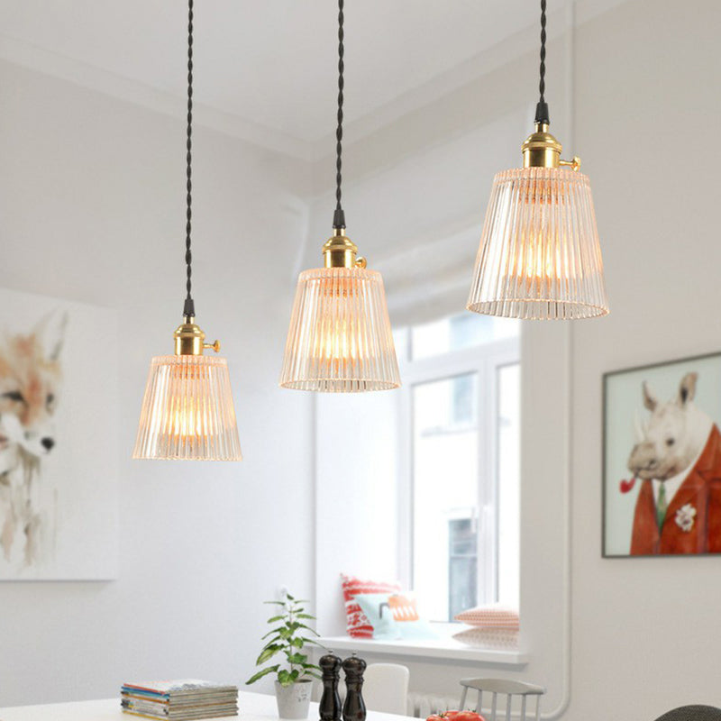 Tapered Clear Ribbed Glass Hanging Light Simplicity 1 Bulb Restaurant Pendant Light Fixture Clearhalo 'Ceiling Lights' 'Lighting' 'Pendant Lights' 2293534_d7a3de5a-cf9a-4a8a-bdd9-ade2314a3e88