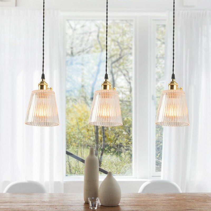 Tapered Clear Ribbed Glass Hanging Light Simplicity 1 Bulb Restaurant Pendant Light Fixture Clearhalo 'Ceiling Lights' 'Lighting' 'Pendant Lights' 2293536_8caf73cc-c326-42e7-a1a8-3ff31b910171