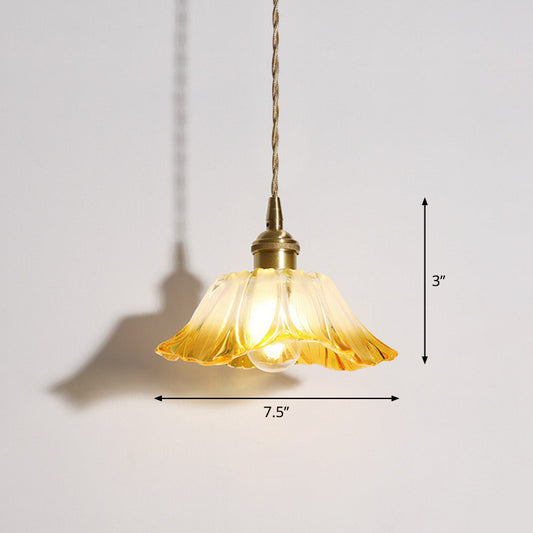 1-Light Pendant Light Antique Floral Shade Ruffle Glass Hanging Light Fixture in Brass Brass D Clearhalo 'Ceiling Lights' 'Glass shade' 'Glass' 'Industrial Pendants' 'Industrial' 'Middle Century Pendants' 'Pendant Lights' 'Pendants' 'Tiffany' Lighting' 2293586