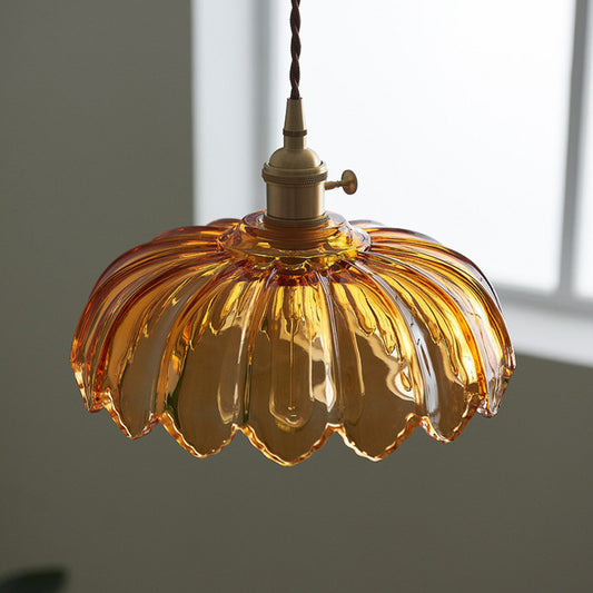 Scalloped Glass Flower Ceiling Light Industrial Single Dining Room Hanging Pendant Light Clearhalo 'Ceiling Lights' 'Glass shade' 'Glass' 'Industrial Pendants' 'Industrial' 'Middle Century Pendants' 'Pendant Lights' 'Pendants' 'Tiffany' Lighting' 2293600