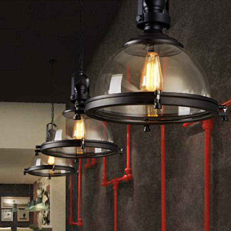 Dome Thickened Glass Hanging Light Simplicity 1��Bulb Restaurant Pendant Light Fixture in Black Clearhalo 'Ceiling Lights' 'Glass shade' 'Glass' 'Industrial Pendants' 'Industrial' 'Middle Century Pendants' 'Pendant Lights' 'Pendants' 'Tiffany' Lighting' 2293617