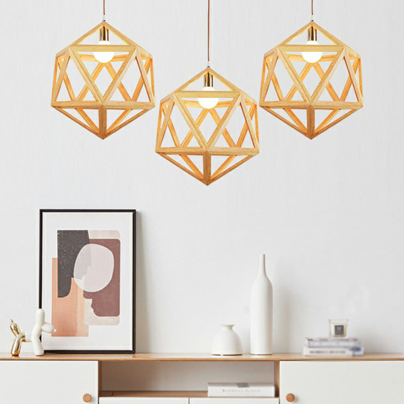 Wooden Geometric Cage Pendant Lamp Novelty Minimalist Single Ceiling Light Fixture for Restaurant Clearhalo 'Ceiling Lights' 'Modern Pendants' 'Modern' 'Pendant Lights' 'Pendants' Lighting' 2293633