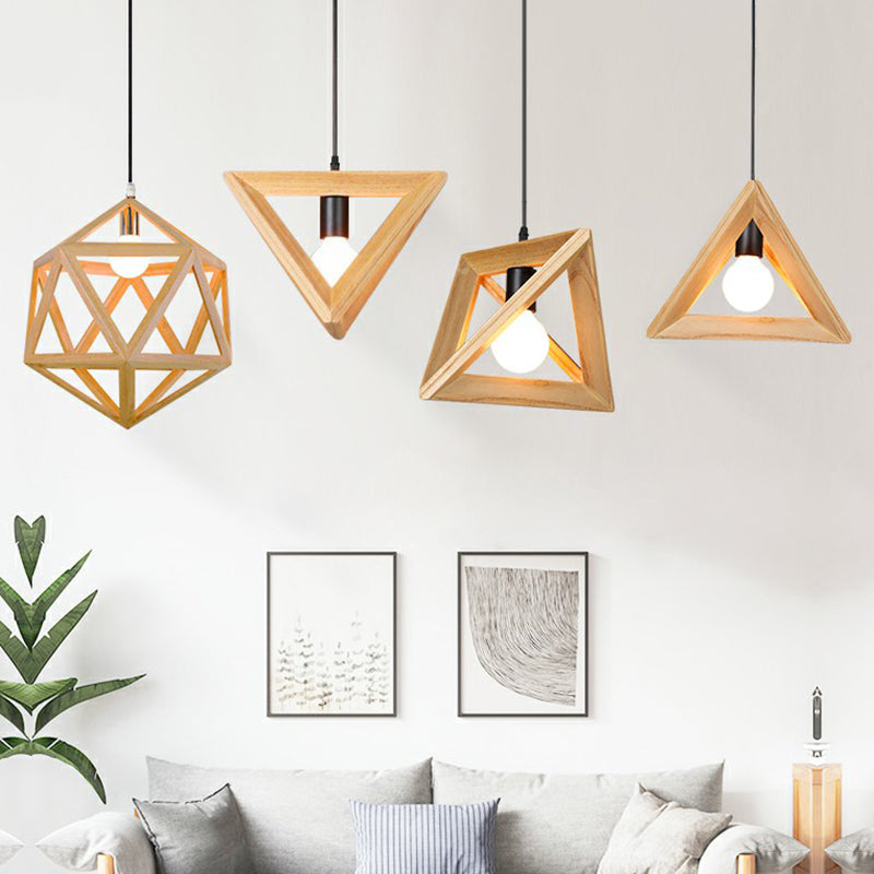 Wooden Geometric Cage Pendant Lamp Novelty Minimalist Single Ceiling Light Fixture for Restaurant Clearhalo 'Ceiling Lights' 'Modern Pendants' 'Modern' 'Pendant Lights' 'Pendants' Lighting' 2293636