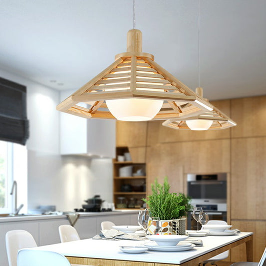Conical Cage Hanging Light Fixture Nordic Wooden 1 Bulb Restaurant Ceiling Lamp with Ball White Glass Shade Wood Clearhalo 'Ceiling Lights' 'Modern Pendants' 'Modern' 'Pendant Lights' 'Pendants' Lighting' 2293642