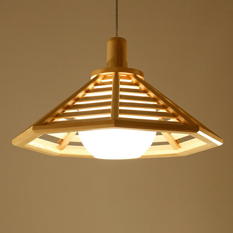 Conical Cage Hanging Light Fixture Nordic Wooden 1 Bulb Restaurant Ceiling Lamp with Ball White Glass Shade Clearhalo 'Ceiling Lights' 'Modern Pendants' 'Modern' 'Pendant Lights' 'Pendants' Lighting' 2293643