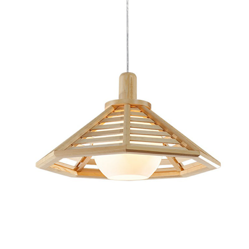 Conical Cage Hanging Light Fixture Nordic Wooden 1 Bulb Restaurant Ceiling Lamp with Ball White Glass Shade Clearhalo 'Ceiling Lights' 'Modern Pendants' 'Modern' 'Pendant Lights' 'Pendants' Lighting' 2293646