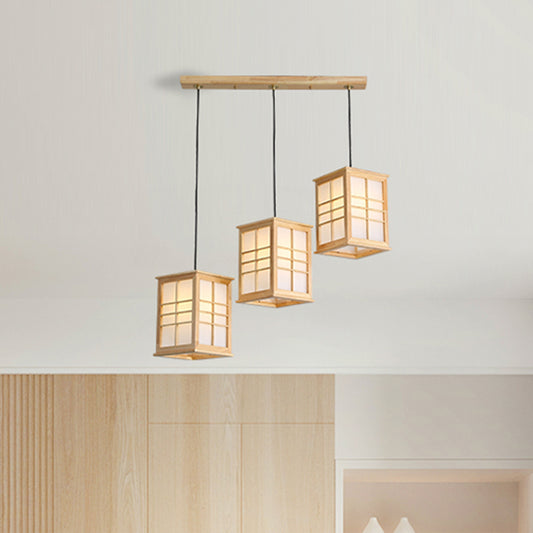 Japanese 3 Lights Pendant Beige Rectangular Hanging Lamp with Wooden Shade for Dining Room Wood Clearhalo 'Ceiling Lights' 'Modern Pendants' 'Modern' 'Pendant Lights' 'Pendants' Lighting' 2293663