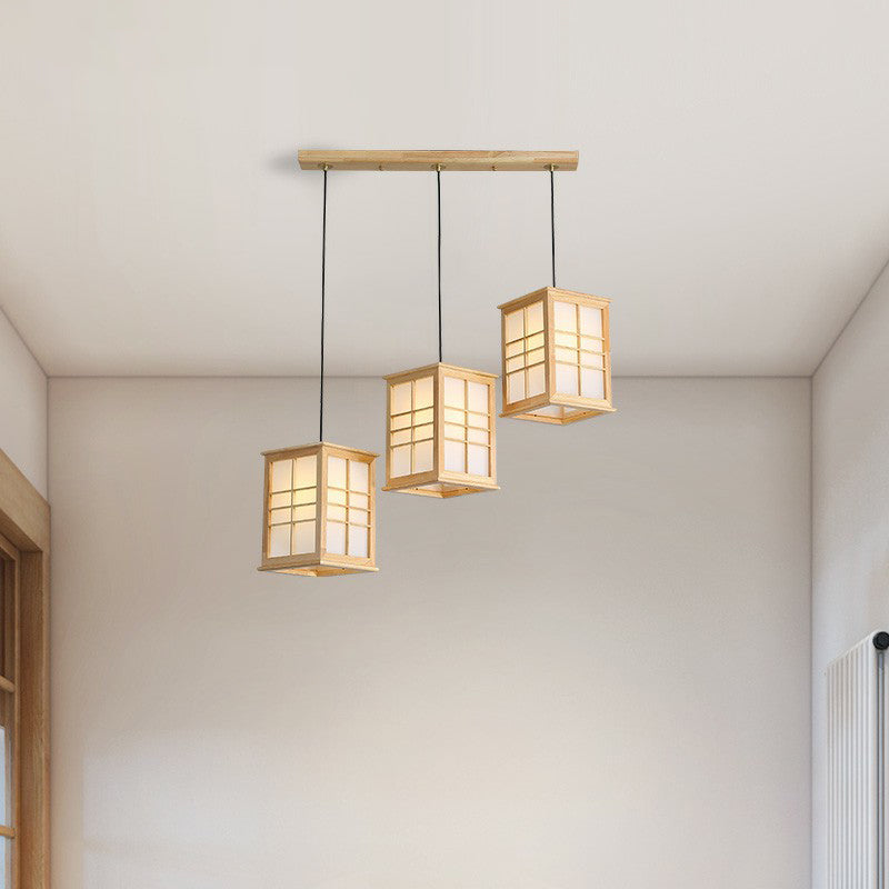 Japanese 3 Lights Pendant Beige Rectangular Hanging Lamp with Wooden Shade for Dining Room Clearhalo 'Ceiling Lights' 'Modern Pendants' 'Modern' 'Pendant Lights' 'Pendants' Lighting' 2293664