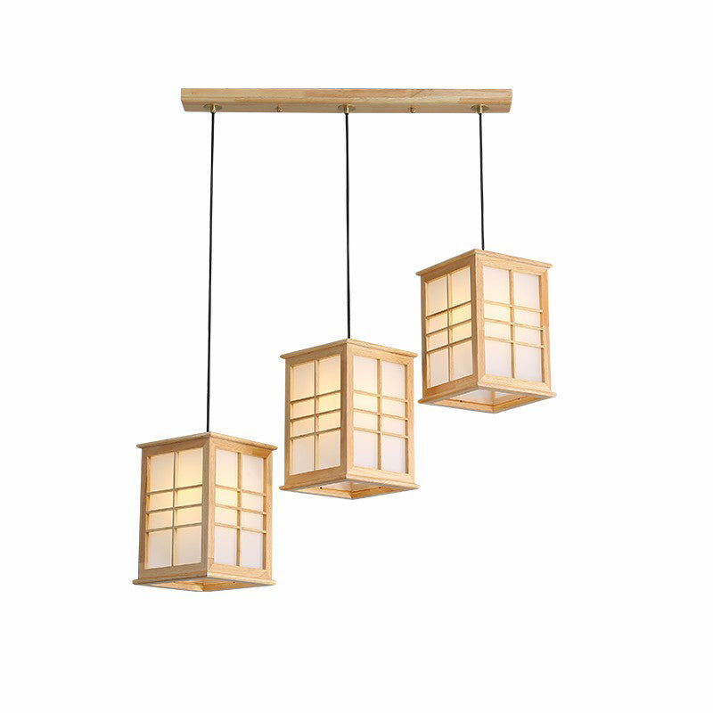 Japanese 3 Lights Pendant Beige Rectangular Hanging Lamp with Wooden Shade for Dining Room Clearhalo 'Ceiling Lights' 'Modern Pendants' 'Modern' 'Pendant Lights' 'Pendants' Lighting' 2293667