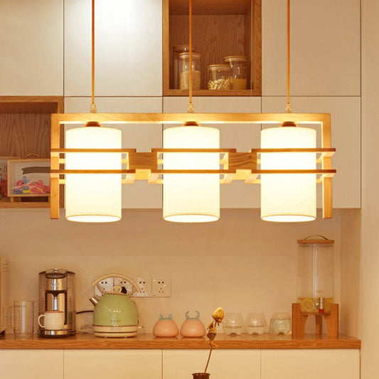 Wooden Linear Island Lighting Modern 3-Bulb Hanging Light with Cylindrical Fabric Shade Wood Clearhalo 'Ceiling Lights' 'Island Lights' Lighting' 2293668