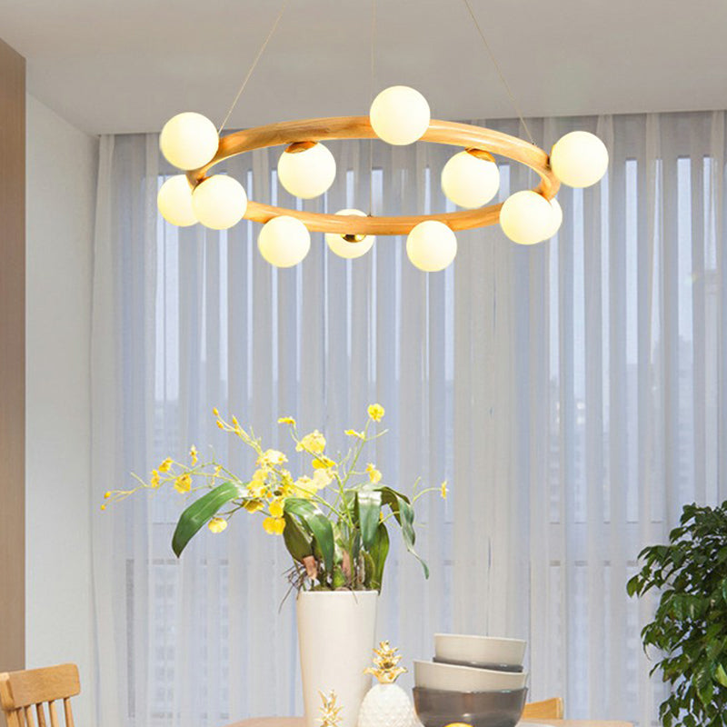 Circular Wooden Pendant Chandelier Minimalism Beige Hanging Light with Orb White Glass Shade Clearhalo 'Ceiling Lights' 'Chandeliers' 'Modern Chandeliers' 'Modern' Lighting' 2293692