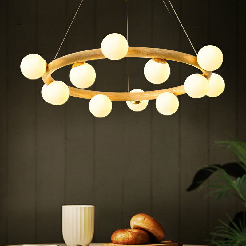 Circular Wooden Pendant Chandelier Minimalism Beige Hanging Light with Orb White Glass Shade Clearhalo 'Ceiling Lights' 'Chandeliers' 'Modern Chandeliers' 'Modern' Lighting' 2293694