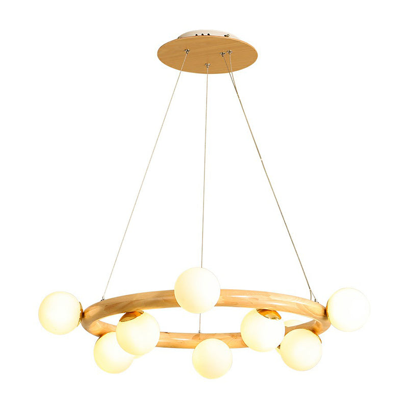 Circular Wooden Pendant Chandelier Minimalism Beige Hanging Light with Orb White Glass Shade Clearhalo 'Ceiling Lights' 'Chandeliers' 'Modern Chandeliers' 'Modern' Lighting' 2293696