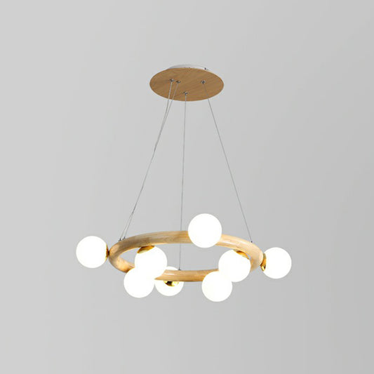 Circular Wooden Pendant Chandelier Minimalism Beige Hanging Light with Orb White Glass Shade 8 Wood Clearhalo 'Ceiling Lights' 'Chandeliers' 'Modern Chandeliers' 'Modern' Lighting' 2293697