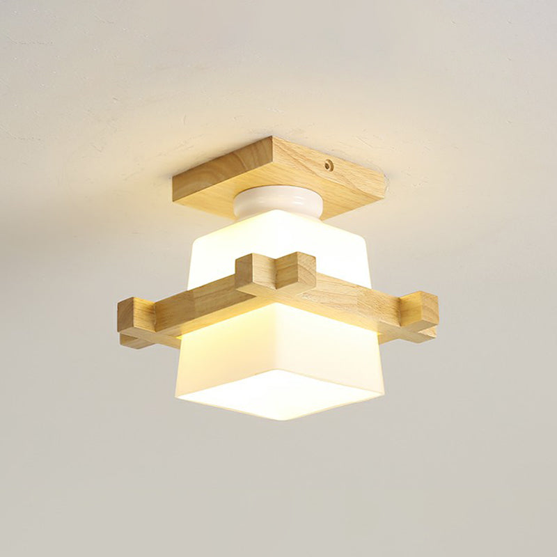 Small Aisle Ceiling Flush Light White Glass 1 Head Nordic Semi Mount Lighting in Wood White F Clearhalo 'Ceiling Lights' 'Close To Ceiling Lights' 'Close to ceiling' 'Glass shade' 'Glass' 'Semi-flushmount' Lighting' 2293701