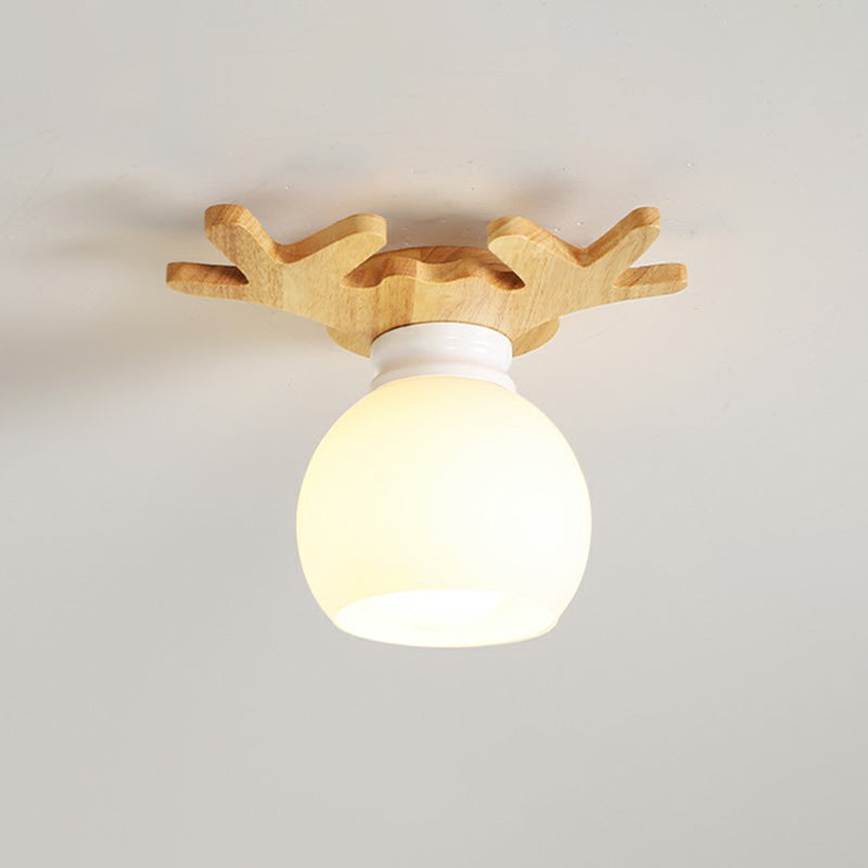 Small Aisle Ceiling Flush Light White Glass 1 Head Nordic Semi Mount Lighting in Wood White G Clearhalo 'Ceiling Lights' 'Close To Ceiling Lights' 'Close to ceiling' 'Glass shade' 'Glass' 'Semi-flushmount' Lighting' 2293706