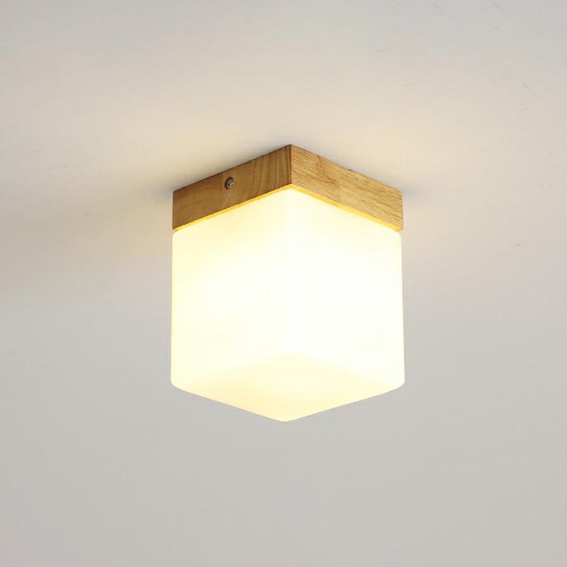 Small Aisle Ceiling Flush Light White Glass 1 Head Nordic Semi Mount Lighting in Wood White B Clearhalo 'Ceiling Lights' 'Close To Ceiling Lights' 'Close to ceiling' 'Glass shade' 'Glass' 'Semi-flushmount' Lighting' 2293708