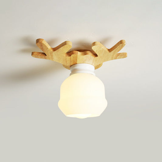 Small Aisle Ceiling Flush Light White Glass 1 Head Nordic Semi Mount Lighting in Wood White H Clearhalo 'Ceiling Lights' 'Close To Ceiling Lights' 'Close to ceiling' 'Glass shade' 'Glass' 'Semi-flushmount' Lighting' 2293709