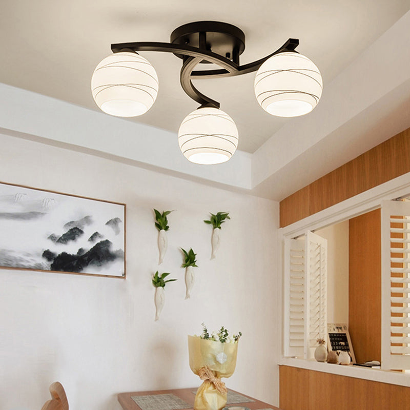 Black 3/5/8 Lights Ceiling Mount Traditional White Glass Spherical Semi Flush Light for Corridor 3 White Clearhalo 'Ceiling Lights' 'Chandeliers' 'Close To Ceiling Lights' 'Close to ceiling' 'Glass shade' 'Glass' 'Semi-flushmount' Lighting' 229378