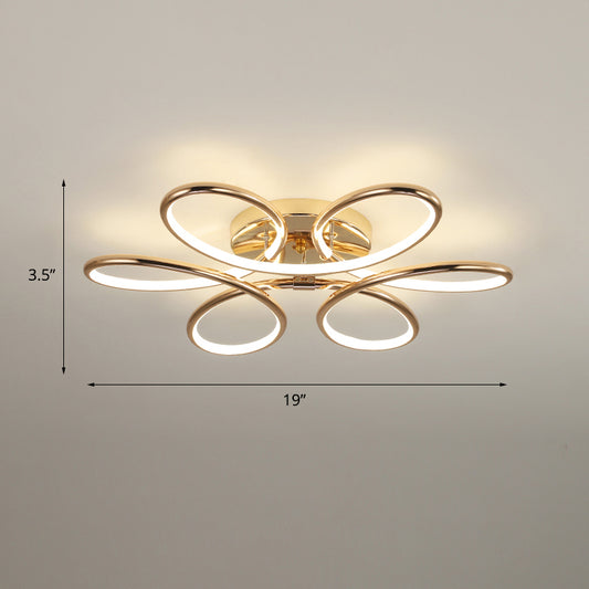 Gold Flower LED Flush Mount Lamp Simplicity Metal Semi Flush Ceiling Light Fixture Gold 19" Warm Clearhalo 'Ceiling Lights' 'Close To Ceiling Lights' 'Close to ceiling' 'Semi-flushmount' Lighting' 2293826