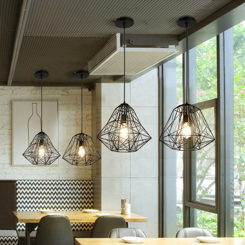 Iron Wire Diamond Pendant Lamp Loft Style 1 Bulb Restaurant Ceiling Hang Light in Black Clearhalo 'Art Deco Pendants' 'Black' 'Cast Iron' 'Ceiling Lights' 'Ceramic' 'Crystal' 'Industrial Pendants' 'Industrial' 'Metal' 'Middle Century Pendants' 'Pendant Lights' 'Pendants' 'Rustic Pendants' 'Tiffany' Lighting' 2294039