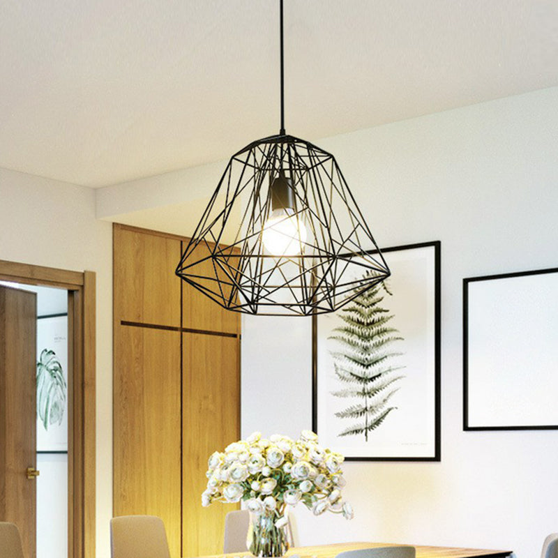 Iron Wire Diamond Pendant Lamp Loft Style 1 Bulb Restaurant Ceiling Hang Light in Black Clearhalo 'Art Deco Pendants' 'Black' 'Cast Iron' 'Ceiling Lights' 'Ceramic' 'Crystal' 'Industrial Pendants' 'Industrial' 'Metal' 'Middle Century Pendants' 'Pendant Lights' 'Pendants' 'Rustic Pendants' 'Tiffany' Lighting' 2294042