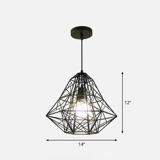 Iron Wire Diamond Pendant Lamp Loft Style 1 Bulb Restaurant Ceiling Hang Light in Black Black C Clearhalo 'Art Deco Pendants' 'Black' 'Cast Iron' 'Ceiling Lights' 'Ceramic' 'Crystal' 'Industrial Pendants' 'Industrial' 'Metal' 'Middle Century Pendants' 'Pendant Lights' 'Pendants' 'Rustic Pendants' 'Tiffany' Lighting' 2294045