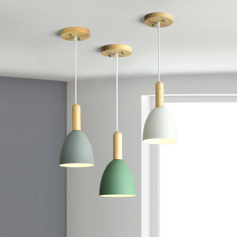 Metallic Bell Hanging Light Macaron 1-Head Down Lighting Pendant with Wooden Handle Clearhalo 'Ceiling Lights' 'Pendant Lights' 'Pendants' Lighting' 2294089