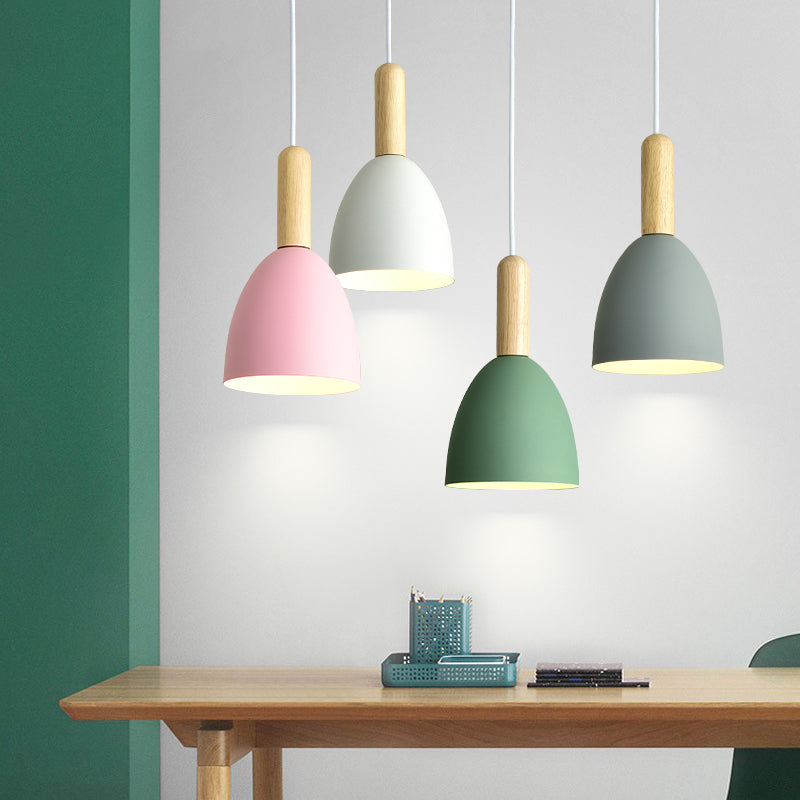 Metallic Bell Hanging Light Macaron 1-Head Down Lighting Pendant with Wooden Handle Clearhalo 'Ceiling Lights' 'Pendant Lights' 'Pendants' Lighting' 2294090