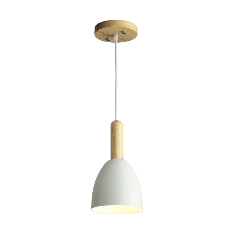 Metallic Bell Hanging Light Macaron 1-Head Down Lighting Pendant with Wooden Handle Clearhalo 'Ceiling Lights' 'Pendant Lights' 'Pendants' Lighting' 2294092