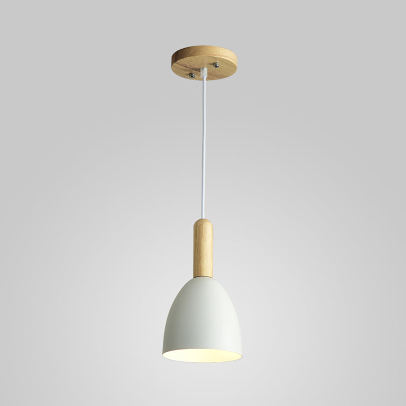 Metallic Bell Hanging Light Macaron 1-Head Down Lighting Pendant with Wooden Handle Clearhalo 'Ceiling Lights' 'Pendant Lights' 'Pendants' Lighting' 2294093