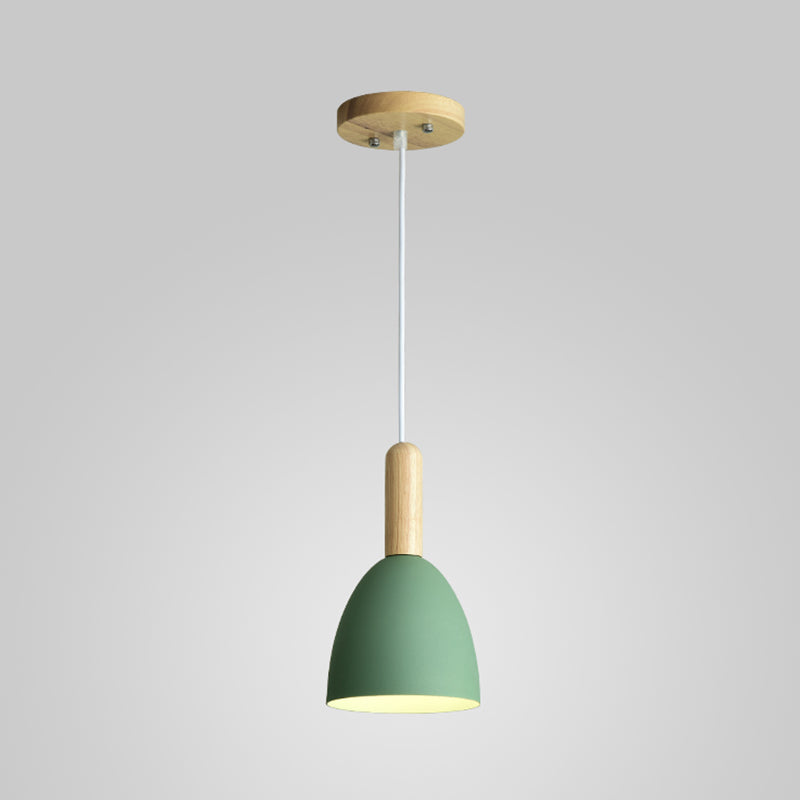 Metallic Bell Hanging Light Macaron 1-Head Down Lighting Pendant with Wooden Handle Clearhalo 'Ceiling Lights' 'Pendant Lights' 'Pendants' Lighting' 2294094